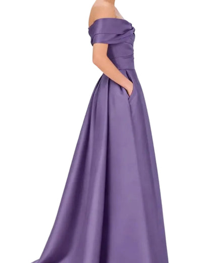 Off-shoulder satin A-line formal dress in purple, front bow detail