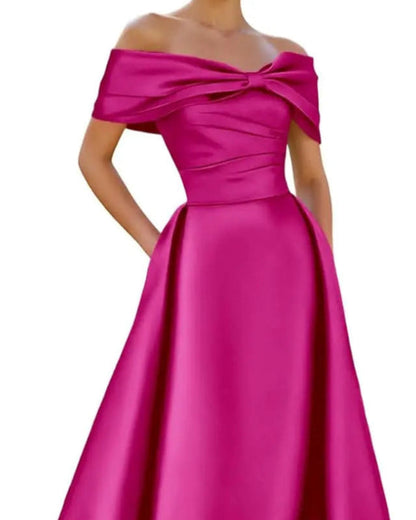 Off-shoulder satin A-line formal dress in fuchsia pink, front bow detail