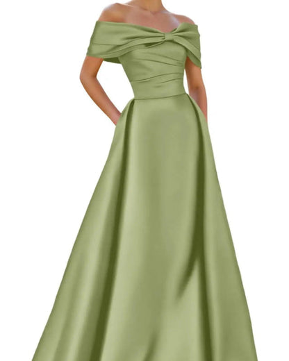 Off-shoulder satin A-line formal dress in olive green, front bow detail