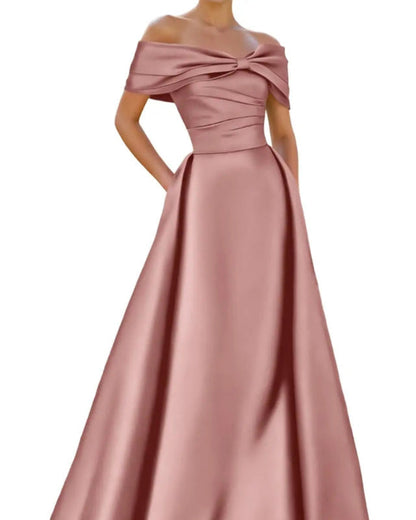 Off-shoulder satin A-line formal dress in dusty rose pink, front bow detail