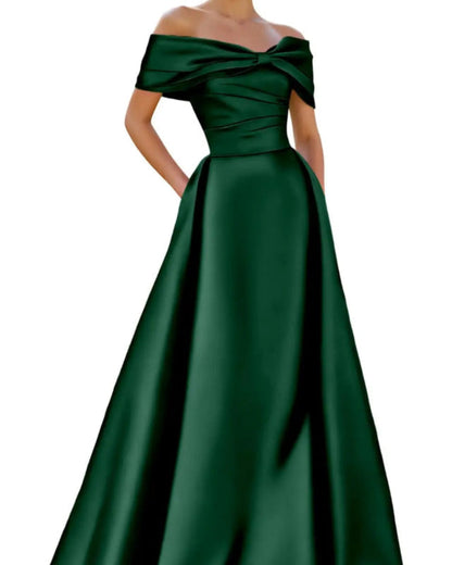 Off-shoulder satin A-line formal dress in dark green, front bow detail