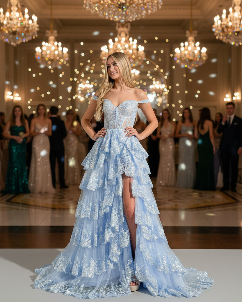 Light blue sparkly lace formal gown with tiered ruffles, off-shoulder neckline, slit
