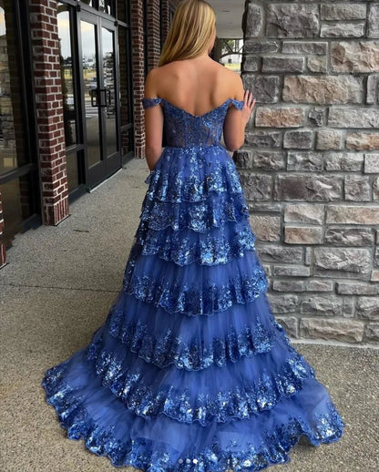 Navy blue sparkly lace layered formal gown, off-shoulder corset bodice, open back