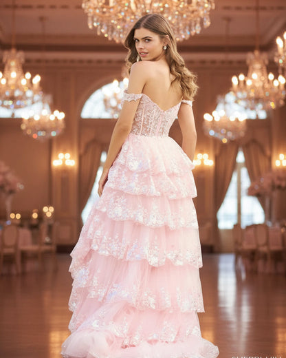 Pink A-line sweetheart lace gown with sparkly tiered ruffles and off-shoulder bodice
