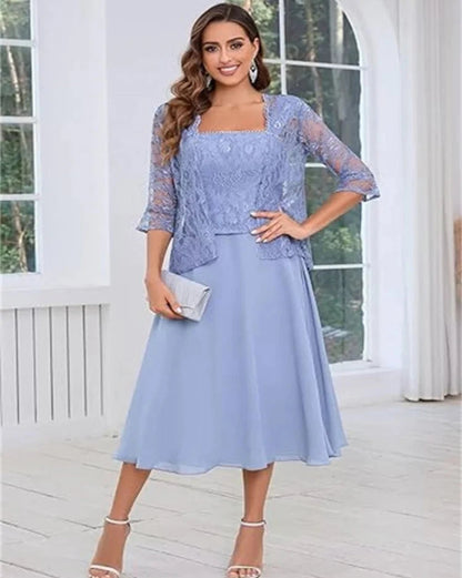 Light blue two-piece dress set with lace overlay top and A-line chiffon midi skirt