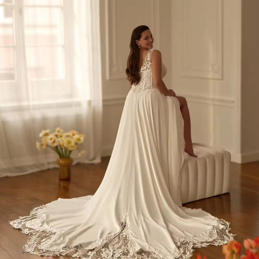 jersey fabric and lace a-line wedding dress-Formal Elegance