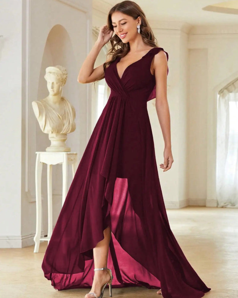 Burgundy A-line high-low chiffon dress with V-neck and asymmetrical flutter hem