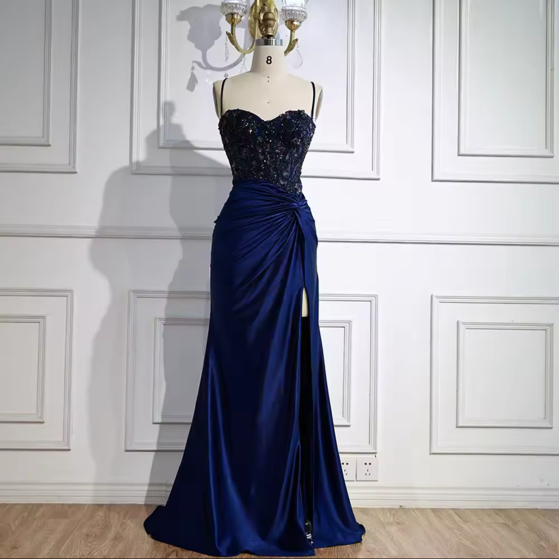 Navy Blue Satin Sequins Formal Dress