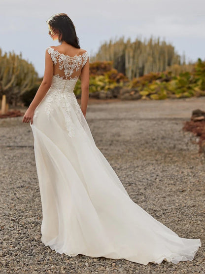 beach wedding dress with lace illusion back and organza fabric sweep train-formal elegance