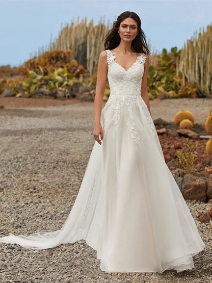  Ivory A-Line Organza Lace Beach Wedding Dress-Formal Elegance 