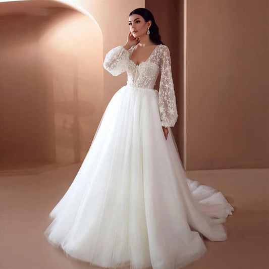 Beach Wedding Lace Long Sleeves Tulle Bridal Dress