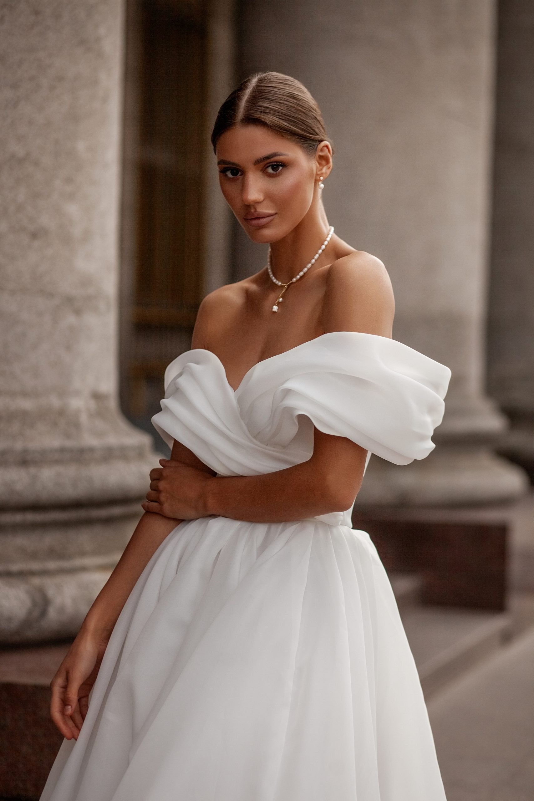 pleated organza off the shoulder sweetheart neckline beach wedding dress with gorgeous pleated sleeve details 