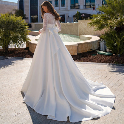 Beaded Ball Gown Long Sleeves Satin Wedding Dress