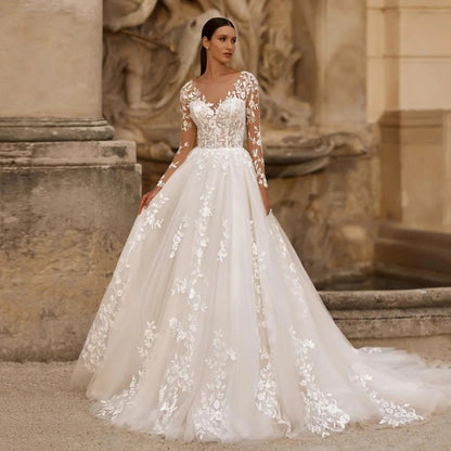 Beautiful illusion lace long sleeve wedding dress-Formal Elegance 