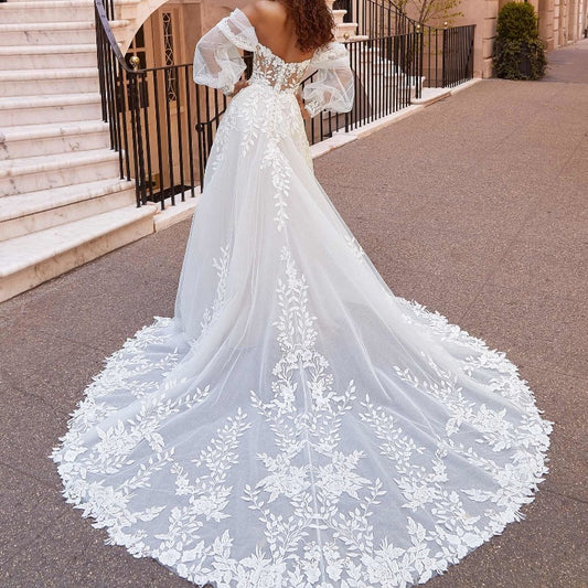 A-Line Wedding Dress Lace With Detachable Bishop Sleeves WD4002