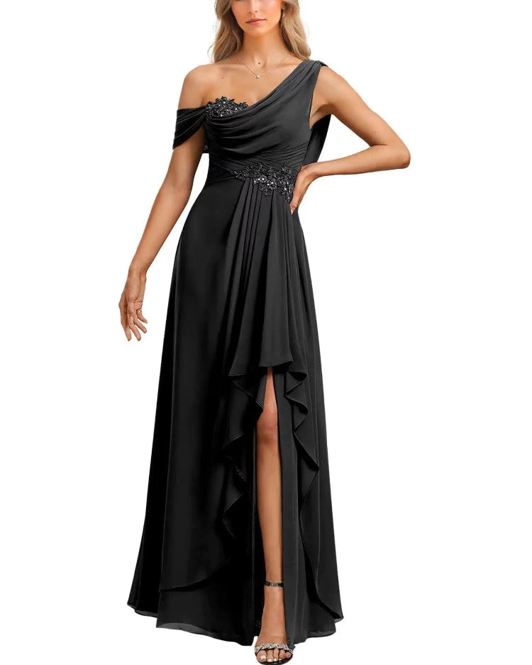 Black chiffon one-shoulder A-line dress with embellished waistband and draped layered skirt