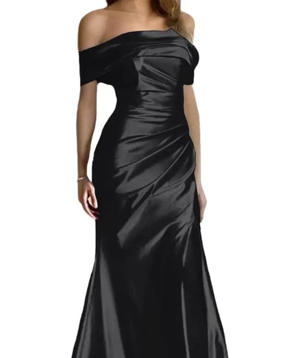 Black satin mermaid off-shoulder formal dress with ruched bodice and flared skirt