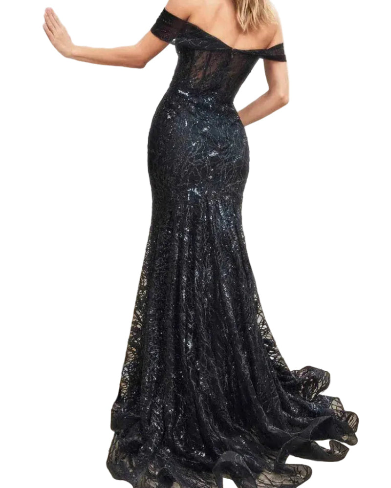 Black off-shoulder sequin mermaid gown with layered ruffle hem