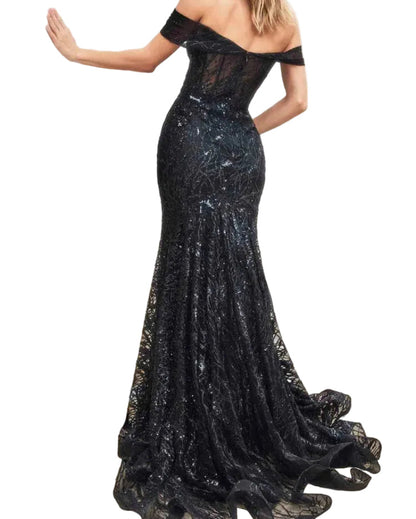 Black off-shoulder sequin mermaid gown with layered ruffle hem