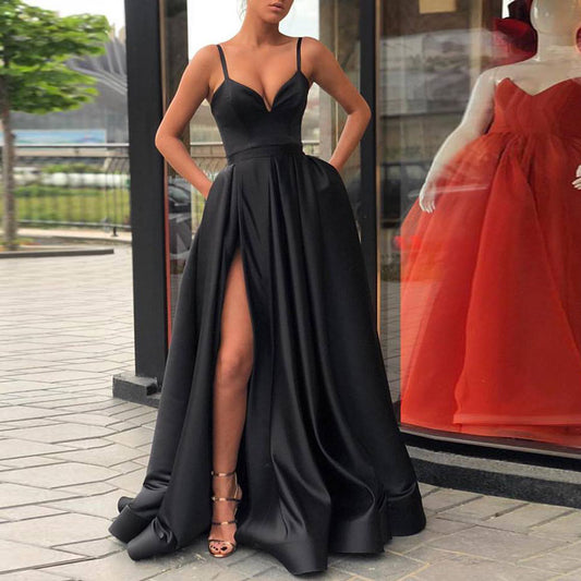 black satin party dress with high split a-line evening dress-formal elegance