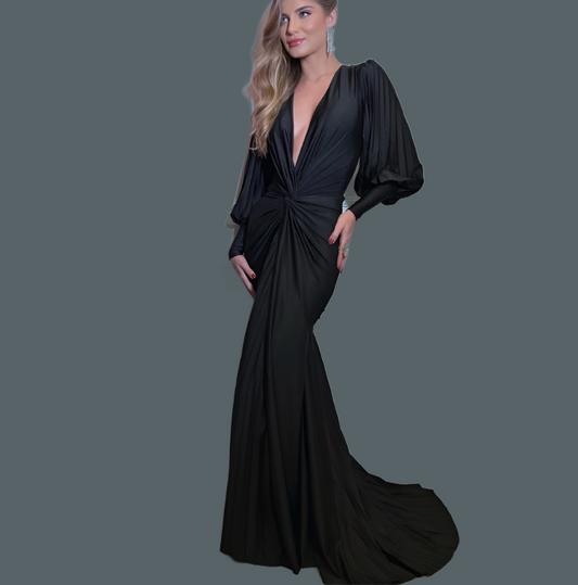 black plunge neckline mermaid long puffy sleeves formal gown-formal elegance