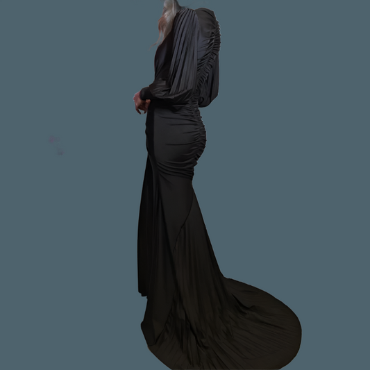 black pleated and gathered stretch satin formal gown-formal elegance