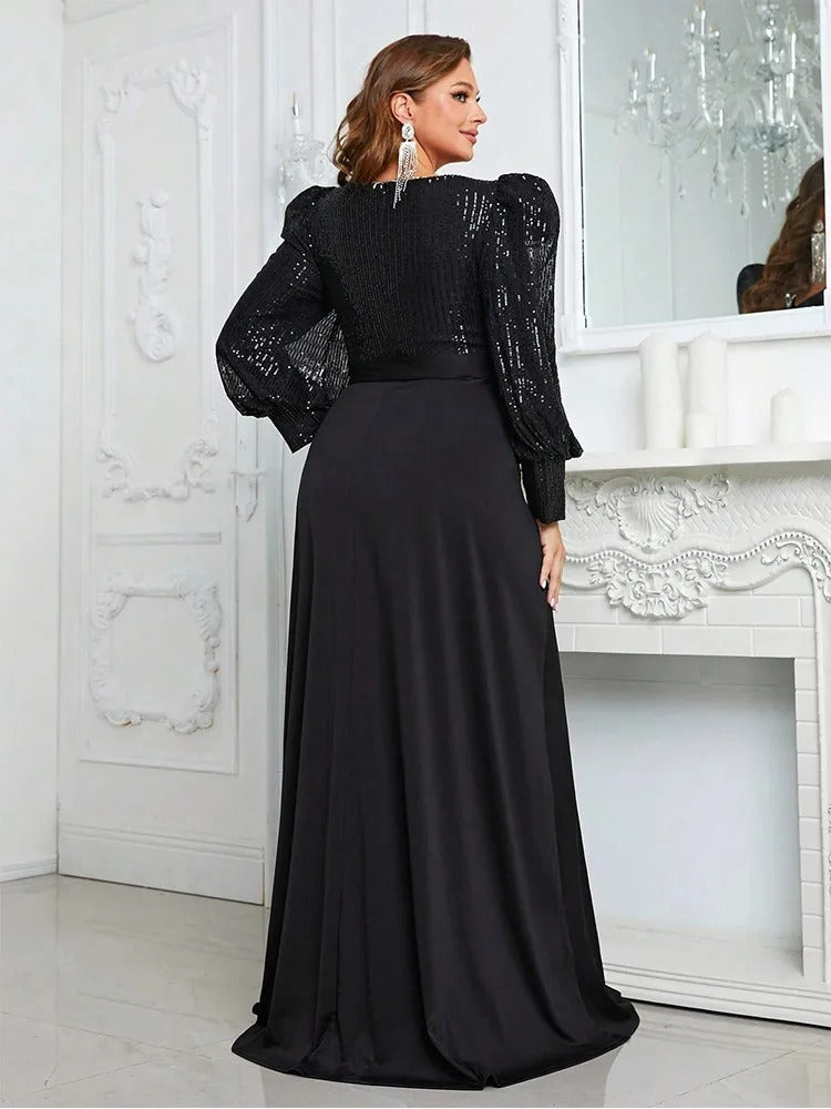 Navy Plus Size V-Neck Long-Sleeved Evening Dresses