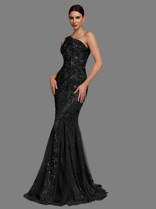 black sequin one shoulder mermaid design floor length cocktail evening dresses-formal elegance 