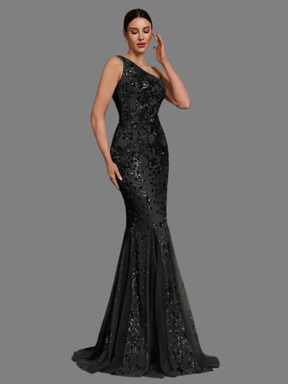 Black Sequin One Shoulder Cocktail Evening Party Dress