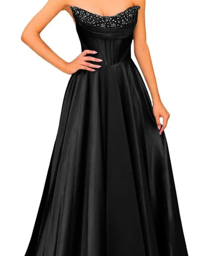 Black strapless satin A-line evening gown with beaded sweetheart neckline