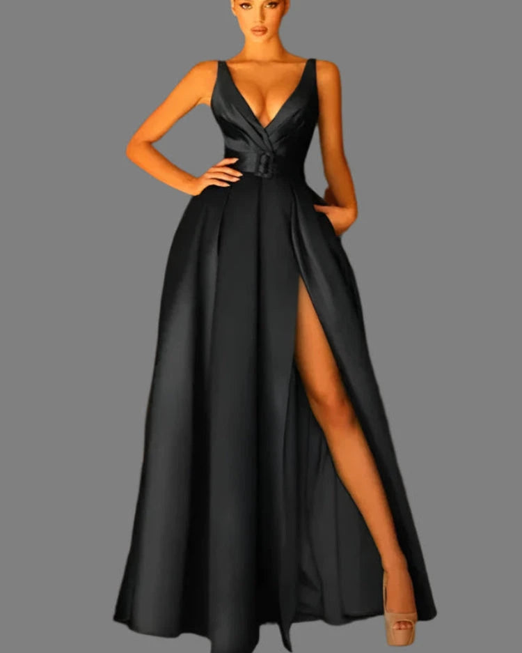 Black satin v-neck evening gown with belted waist and side leg slit