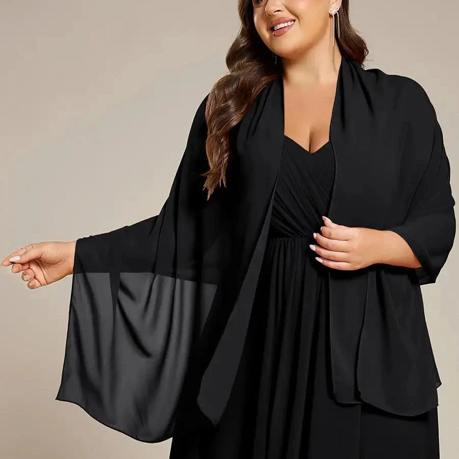 Chiffon shoulder wrap evening shawl in black with flowing draped sleeves