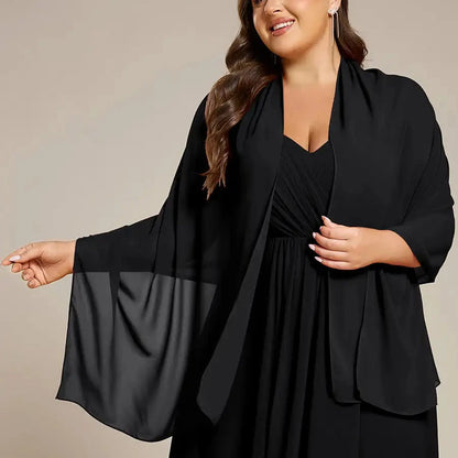 Chiffon shoulder wrap evening shawl in black with flowing draped sleeves