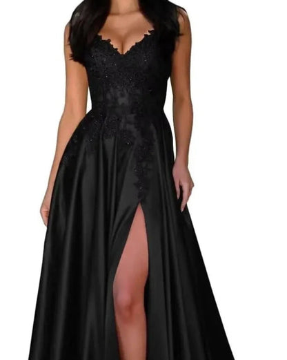 Black satin evening dress with lace V-neck, spaghetti straps, A-line skirt, front slit