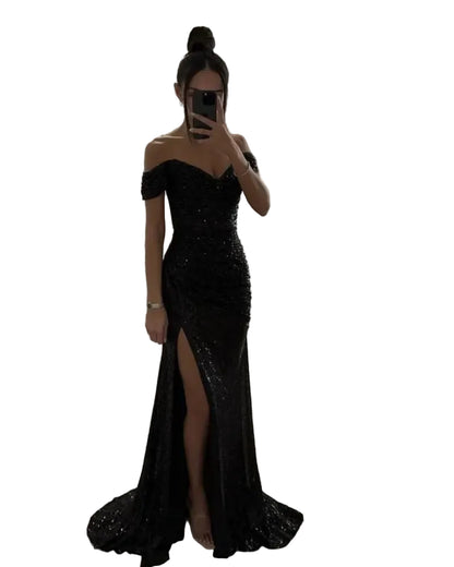 Black off-shoulder sequin mermaid formal dress with thigh-high front slit