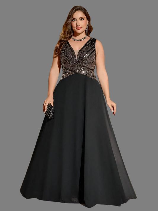 Illusion v-neck sequin bodice floor length a-line plus size formal dress 