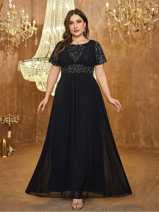 Sequin and chiffon black floor-length plus size evening dress sizes 14-24