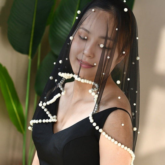 Black Short Veil With Pearls