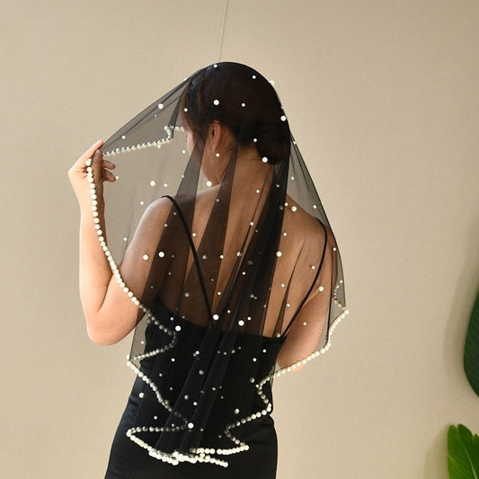 Black Short Veil With Pearls