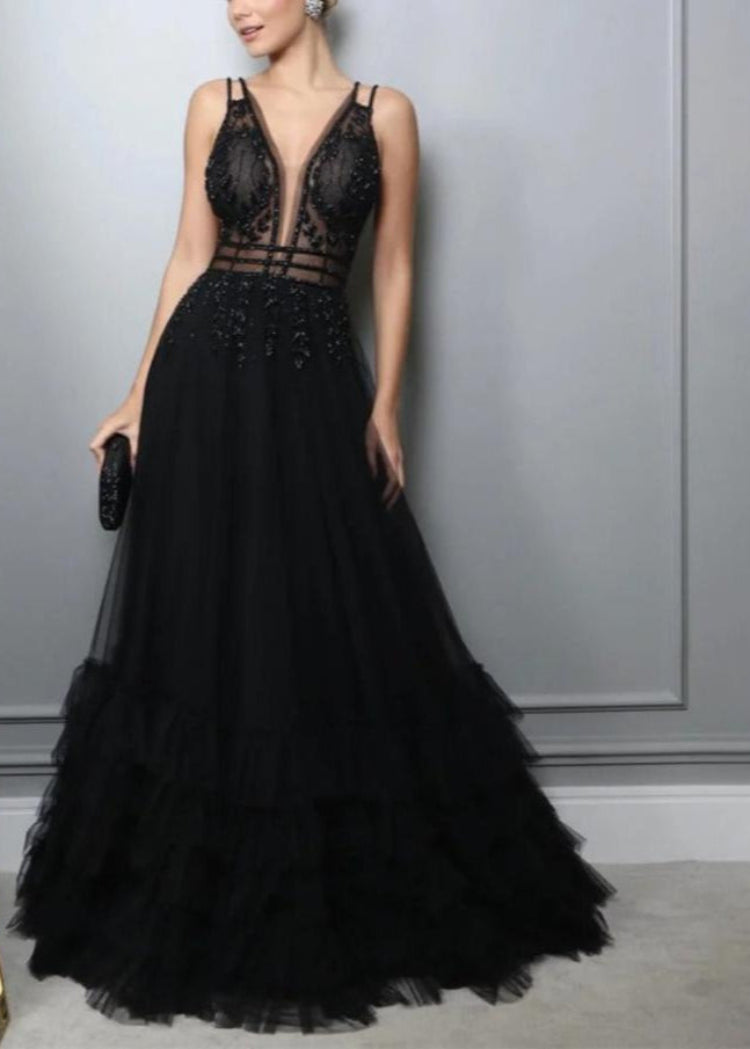 Black A-line evening dress with V-neck lace front and voluminous ruffled tulle hem