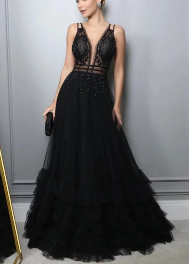Black A-line evening dress with V-neck illusion bodice and ruffled tulle skirt