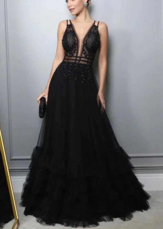 Black A-line evening dress, sheer lace bodice, deep V neck, tiered ruffles