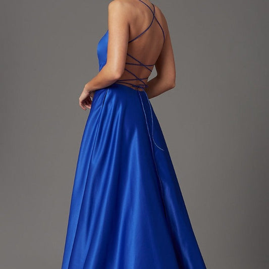 blue spaghetti straps with pockets formal gown-formal elegance