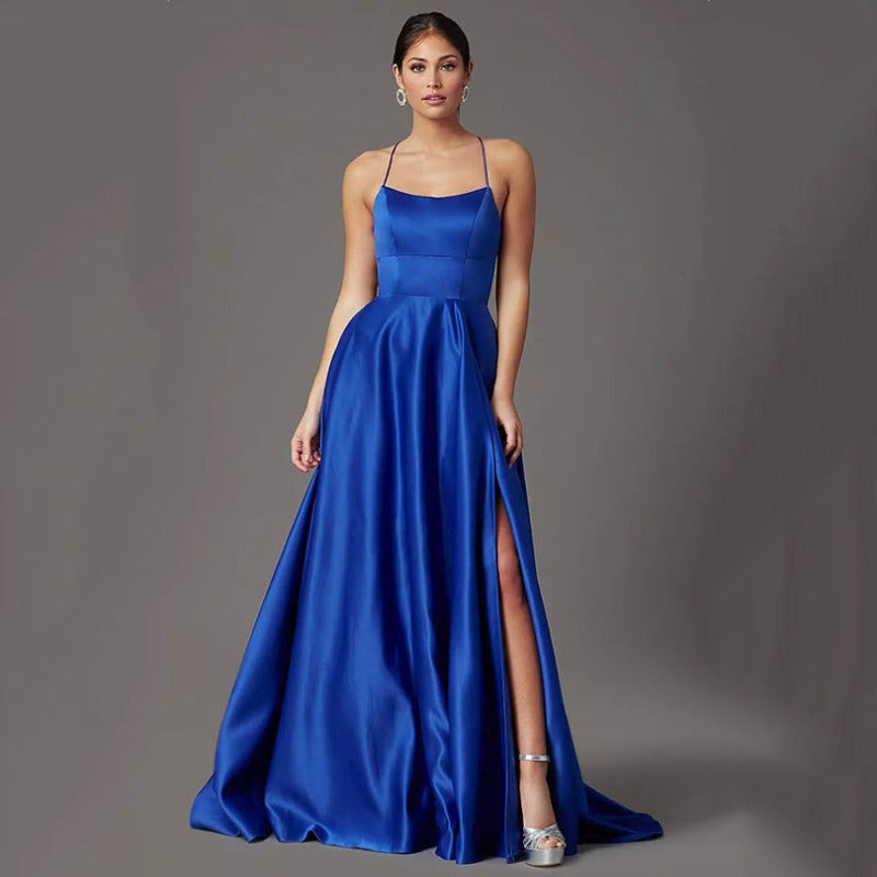 blue a-line satin with lace up back evening dress-formal elegance