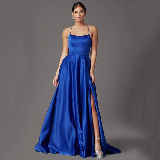 blue a-line satin with lace up back evening dress-formal elegance