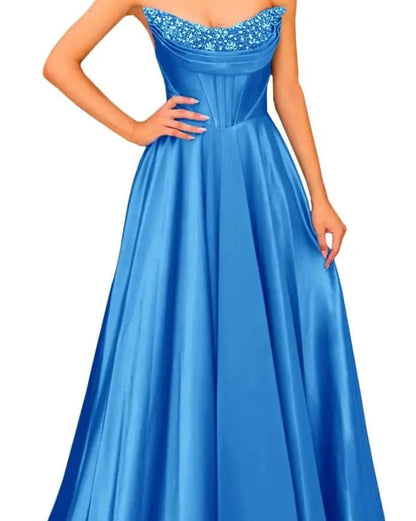 Blue strapless beaded satin A-line evening gown with sparkling neckline trim