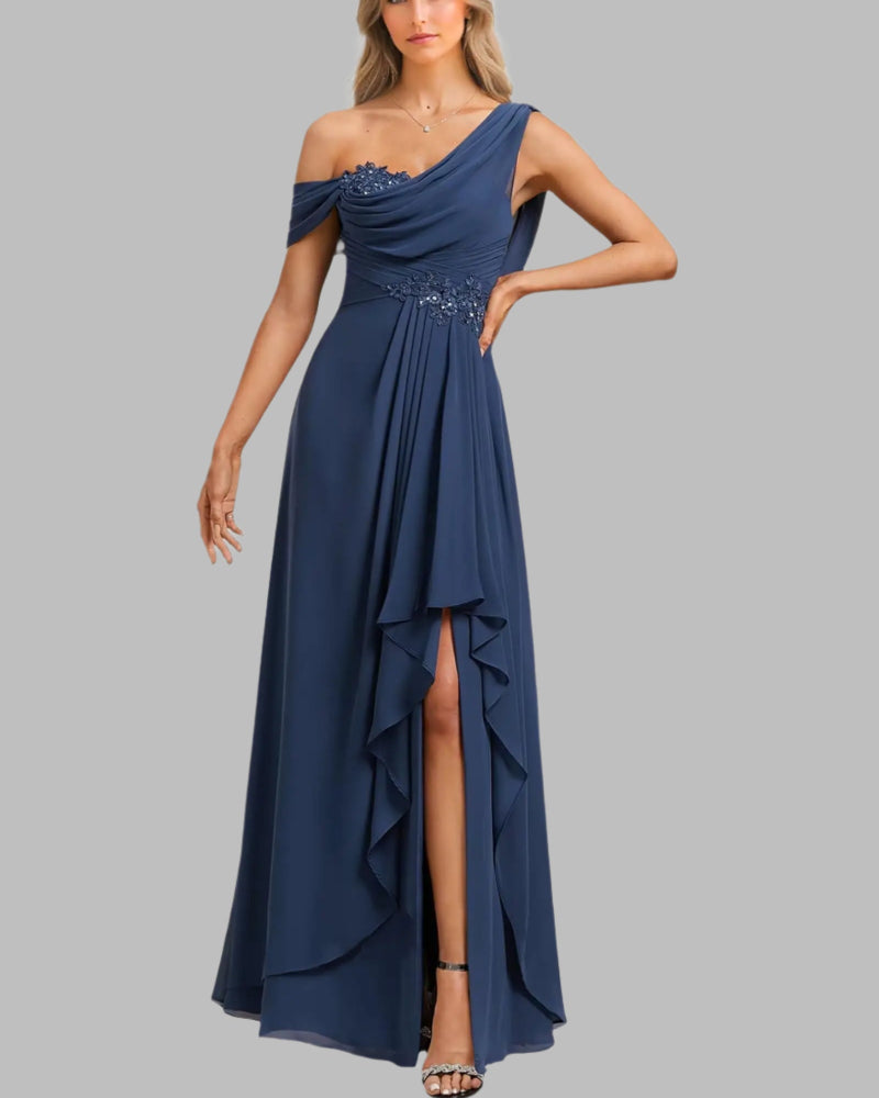 Navy one-shoulder chiffon A-line dress with embellished neckline and flowing layered skirt