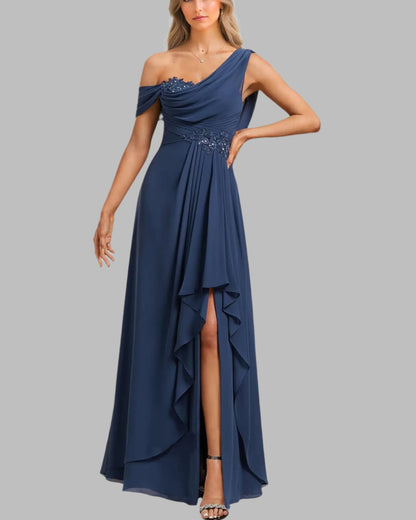 Navy one-shoulder chiffon A-line dress with embellished neckline and flowing layered skirt