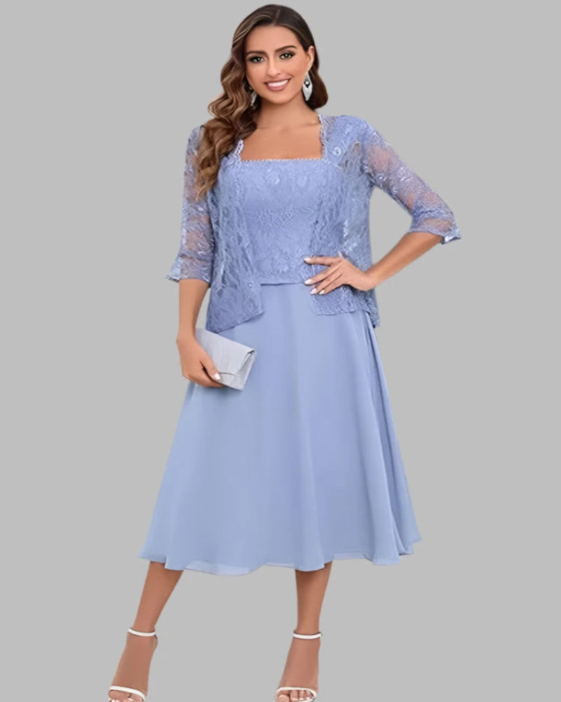 Light blue two-piece chiffon dress with lace-textured top and three-quarter sleeves