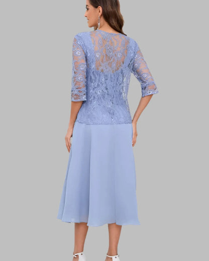 Light blue two-piece chiffon dress shown from back, with lace-textured sleeves